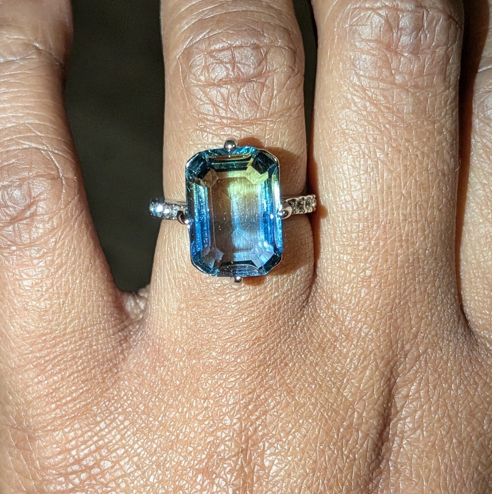 Blue/Green Tourmaline Ring, 14K White Gold Plated Double Color Gemstone Sz 6